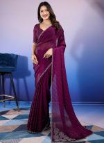 Sattin Chiffon Wine Party Wear Zarkan Work Saree